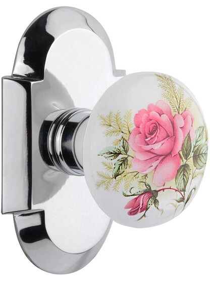 Arched Rosette Door Set with Rose Porcelain Knobs in Polished Chrome.